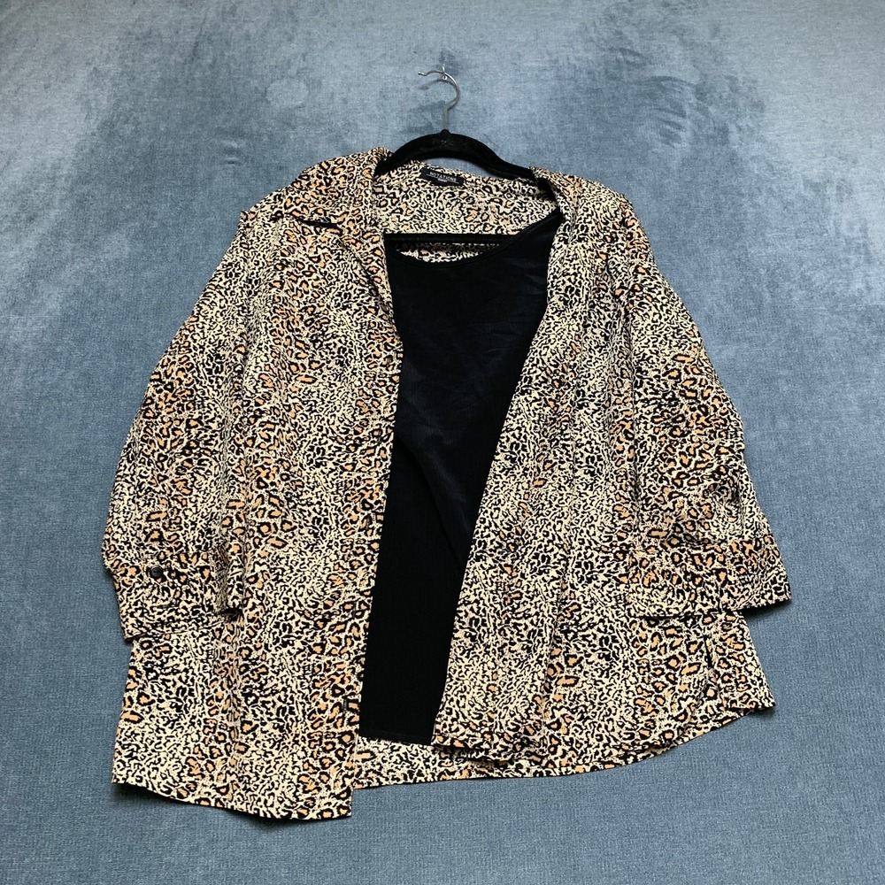 Notations Blouse Top Womens 1X Black Tan Leopard Animal Print Casual Long Sleeve